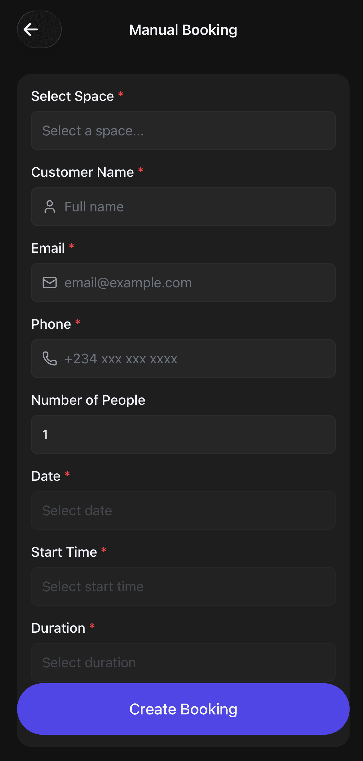 Nexa manual booking creation form showing fields for customer name, email, phone, date, start time and duration