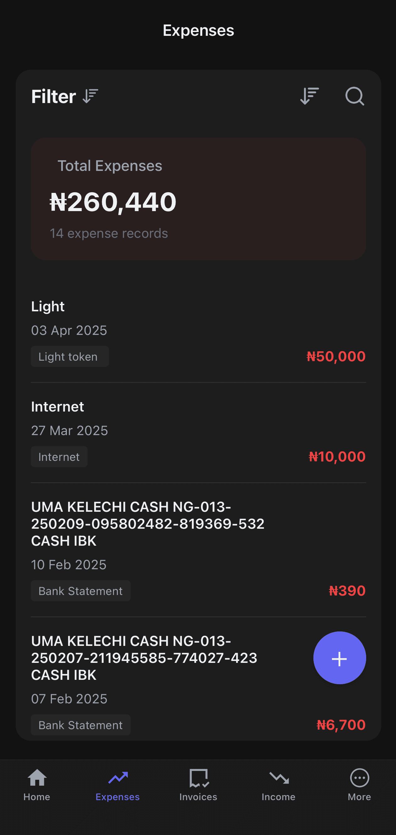 Nexa expenses list screen