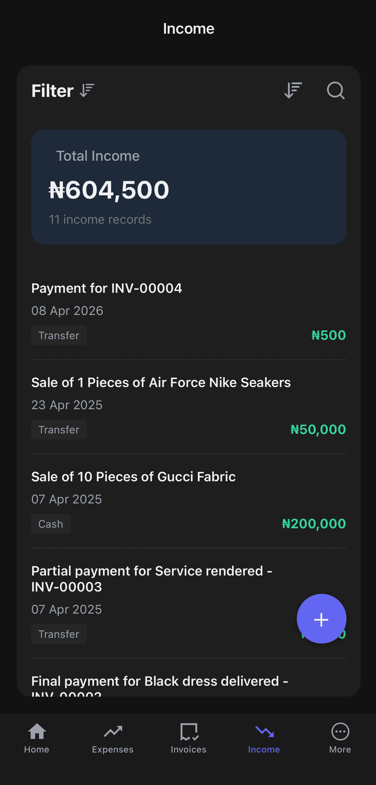 Nexa income list screen