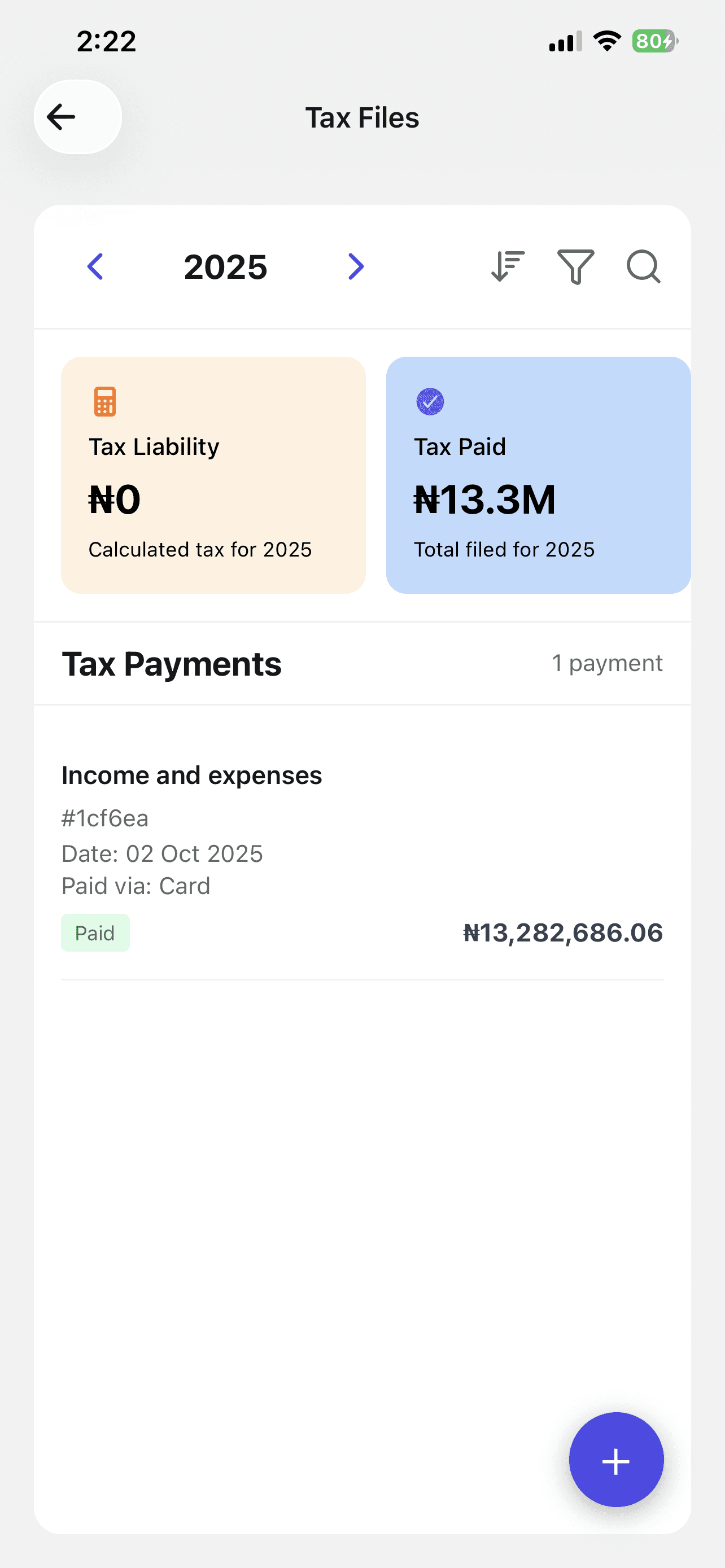 Nexa tax files page showing tax liability and payments