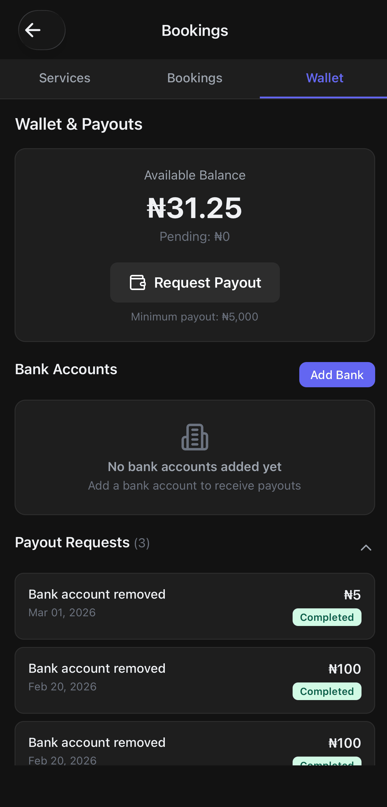 Nexa wallet and payouts page showing available balance, payout history and bank account section